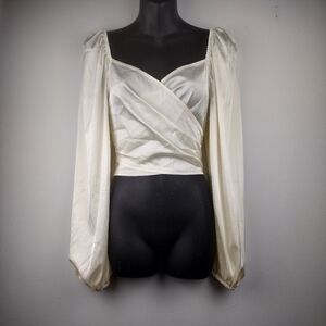 SHEIN MOD Ivory Satin Lantern Sleeve Cropped  Shirt size L